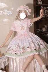 Robe Lolita douce à nœud papillon à volants avec imprimé ours de printemps de la maison de Neverland multicolore